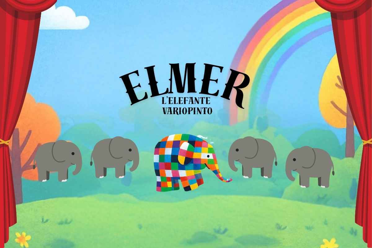 illustrazione Elmer elefante variopinto vicino a elefanti grigi con quinte teatrali
